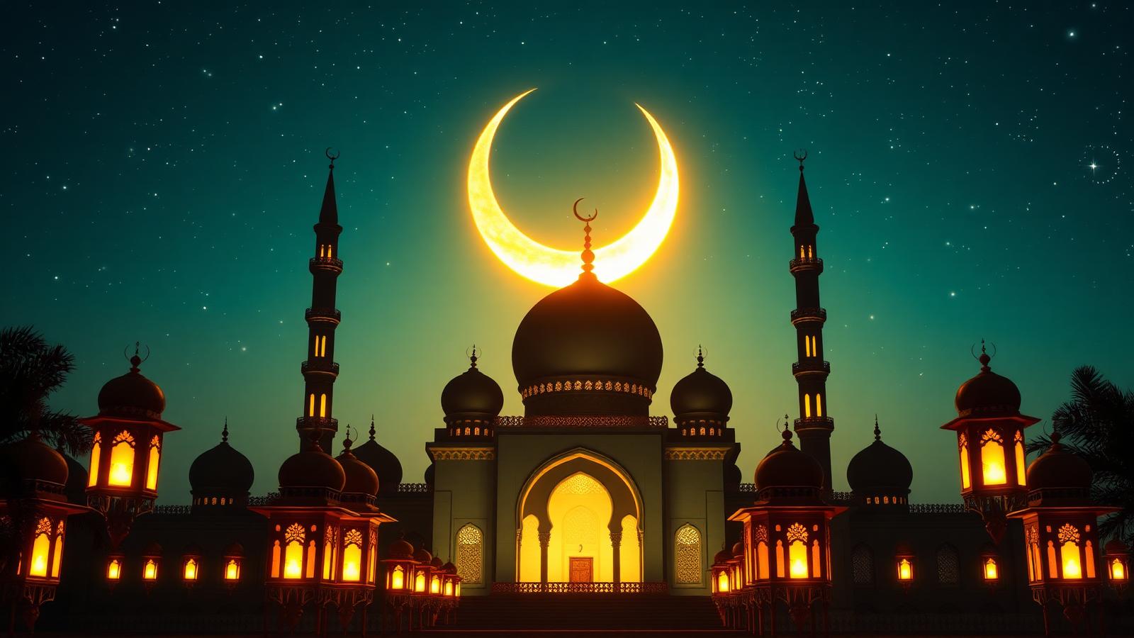 Croissant de lune doré au-dessus d'une mosquée illuminée par des lanternes