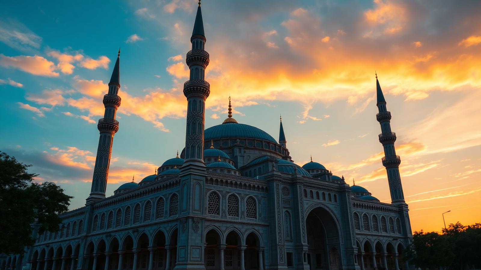 Belle mosquée avec minarets au coucher de soleil