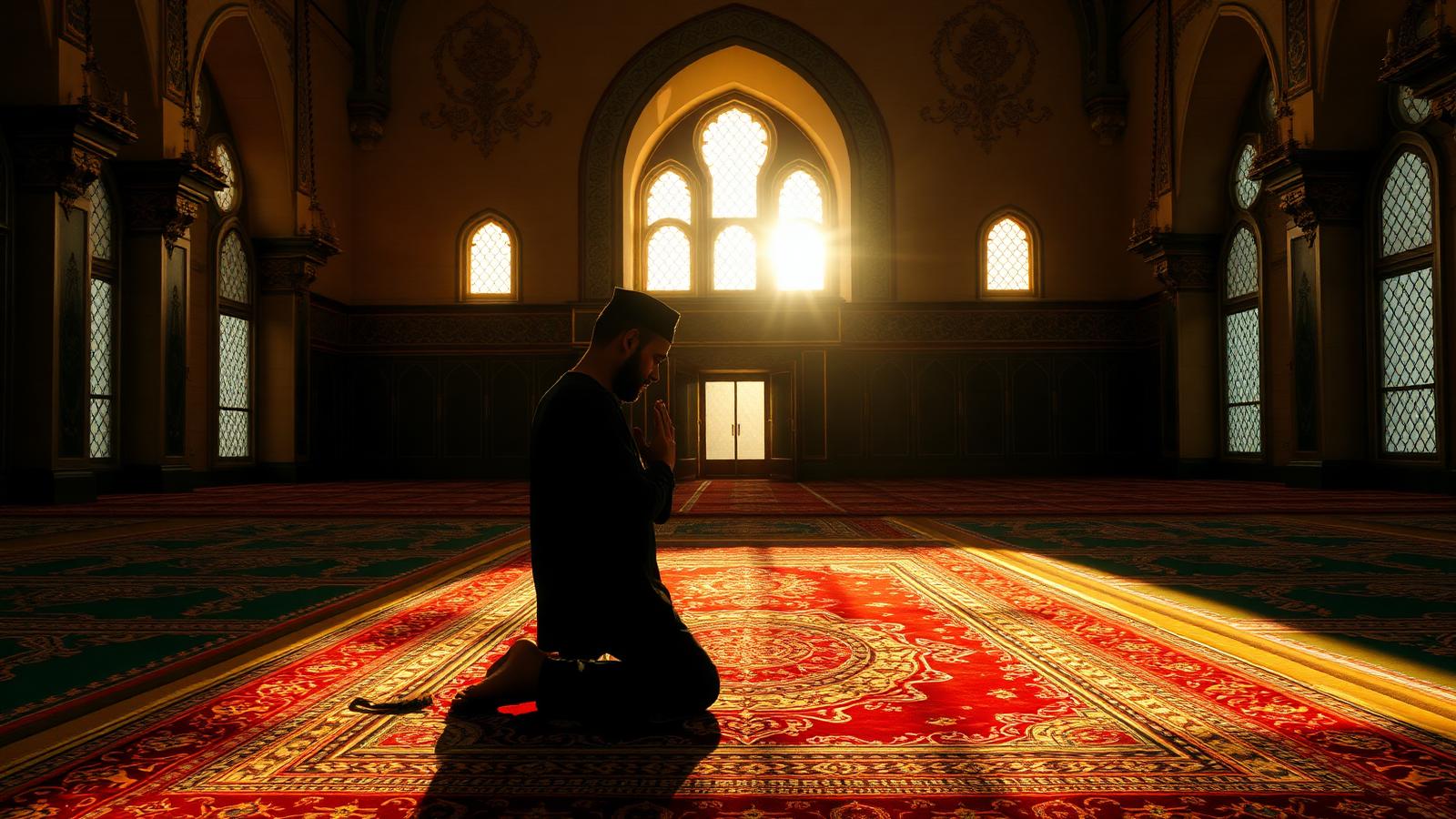 Musulman en prière sur un tapis oriental dans une mosquée éclairée