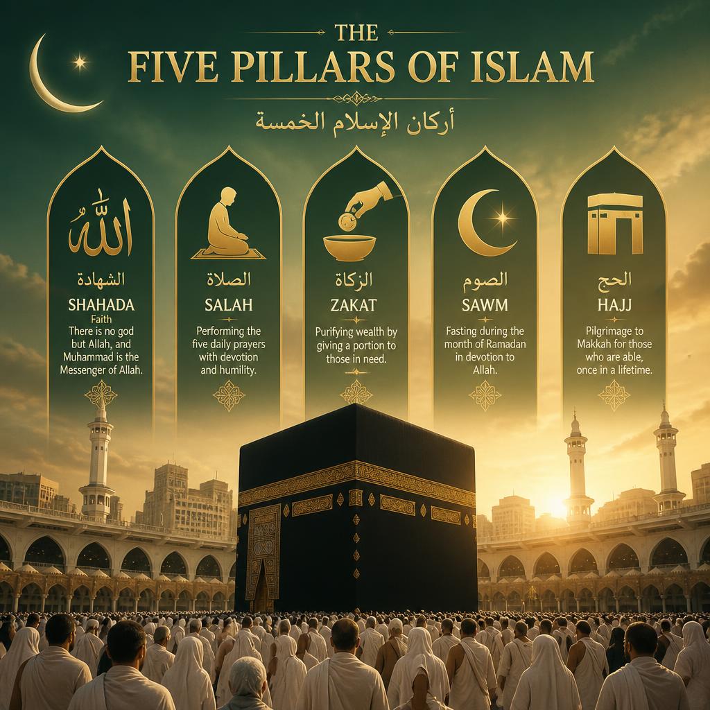 Les cinq piliers de l'Islam illustrés autour de la Kaaba